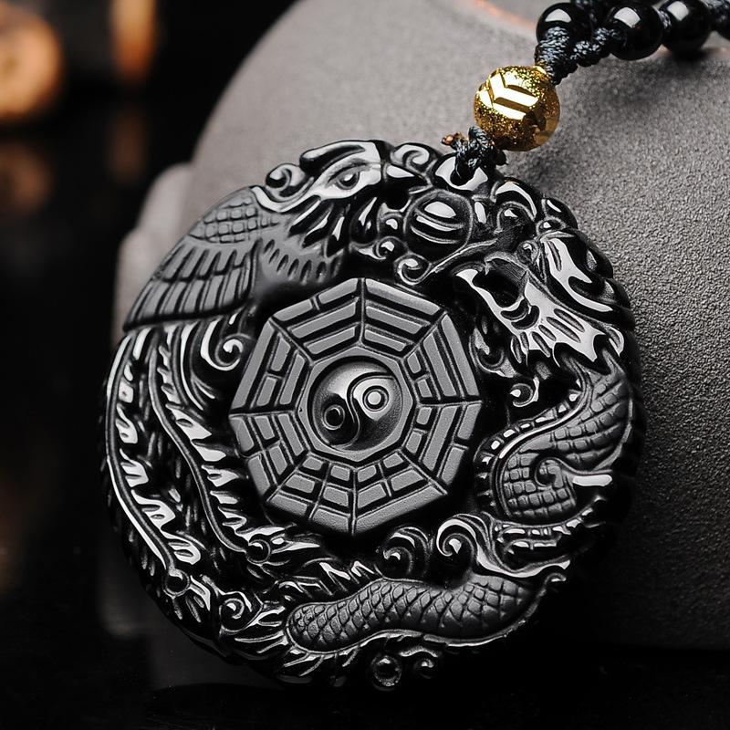 Auspicious Dragon & Phoenix Black Obsidian Pendant Necklace