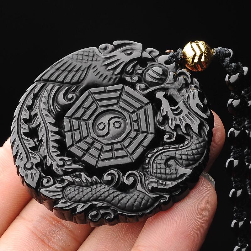 Auspicious Dragon & Phoenix Black Obsidian Pendant Necklace