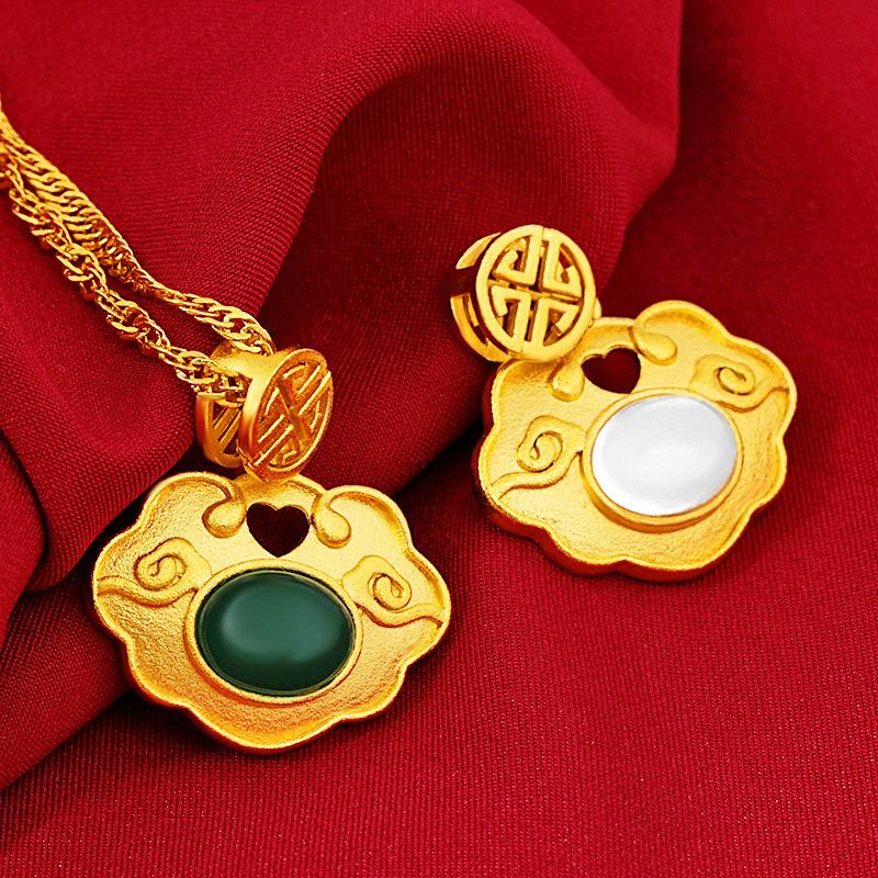 Auspicious Feng Shui Clouds Green Jade Lucky Pendant Necklace