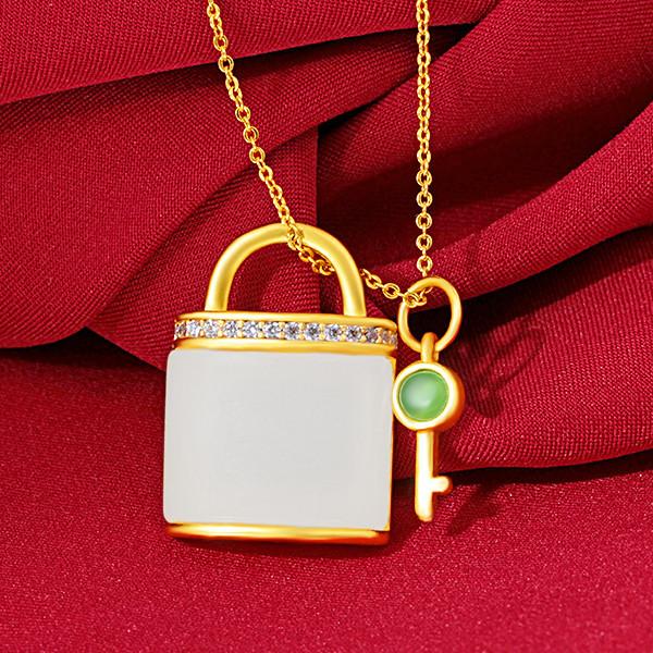 Auspicious Feng Shui Lock Grand A Natural White Jade Healing Pendant Necklace