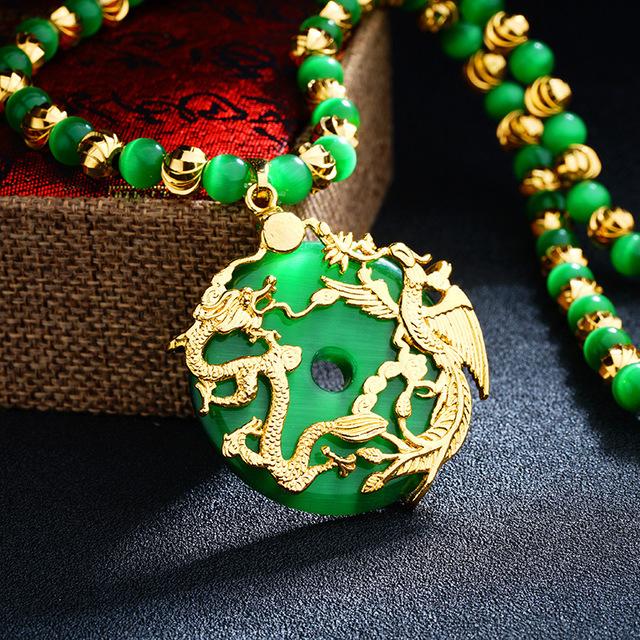 Auspicious Gold Dragon & Phoenix Cat`s Eye Pendant Necklace