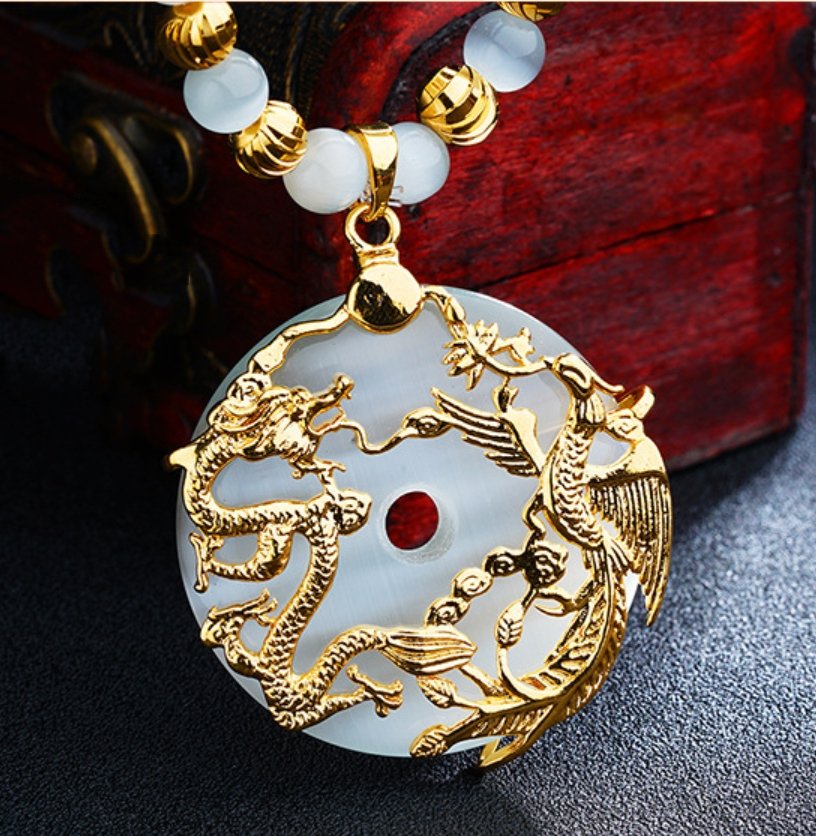 Auspicious Gold Dragon & Phoenix Cat`s Eye Pendant Necklace