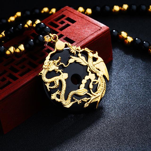 Auspicious Gold Dragon & Phoenix Cat`s Eye Pendant Necklace