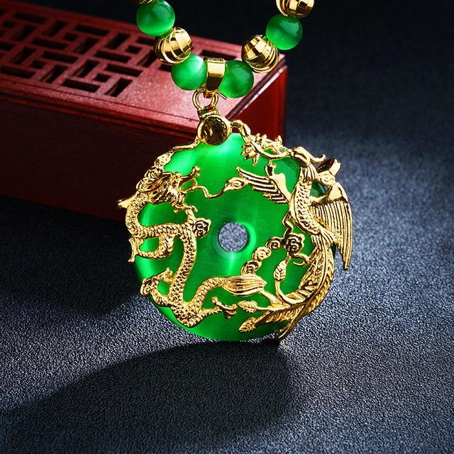 Auspicious Gold Dragon & Phoenix Cat`s Eye Pendant Necklace