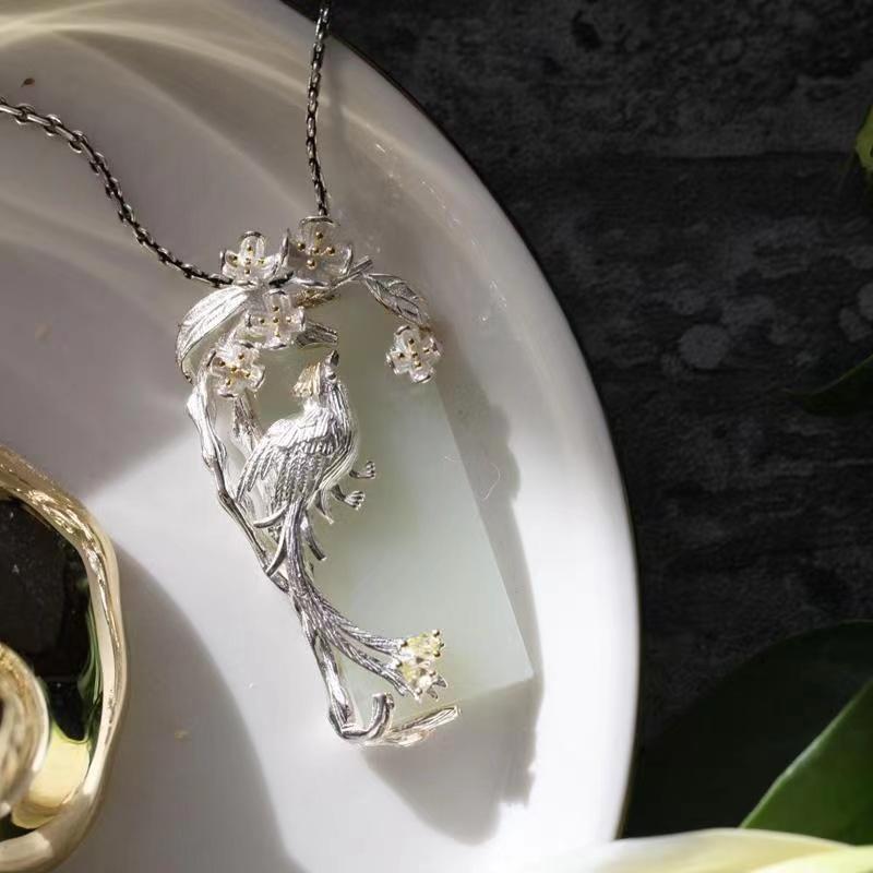 Auspicious Magpie White Jade Wealth Pendant