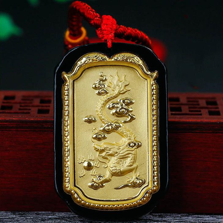 Auspicious Natural Black Jade Dragon& Phoenix 24K Gold Pendant Necklace