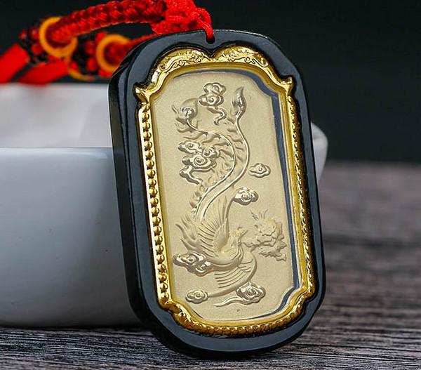 Auspicious Natural Black Jade Dragon& Phoenix 24K Gold Pendant Necklace