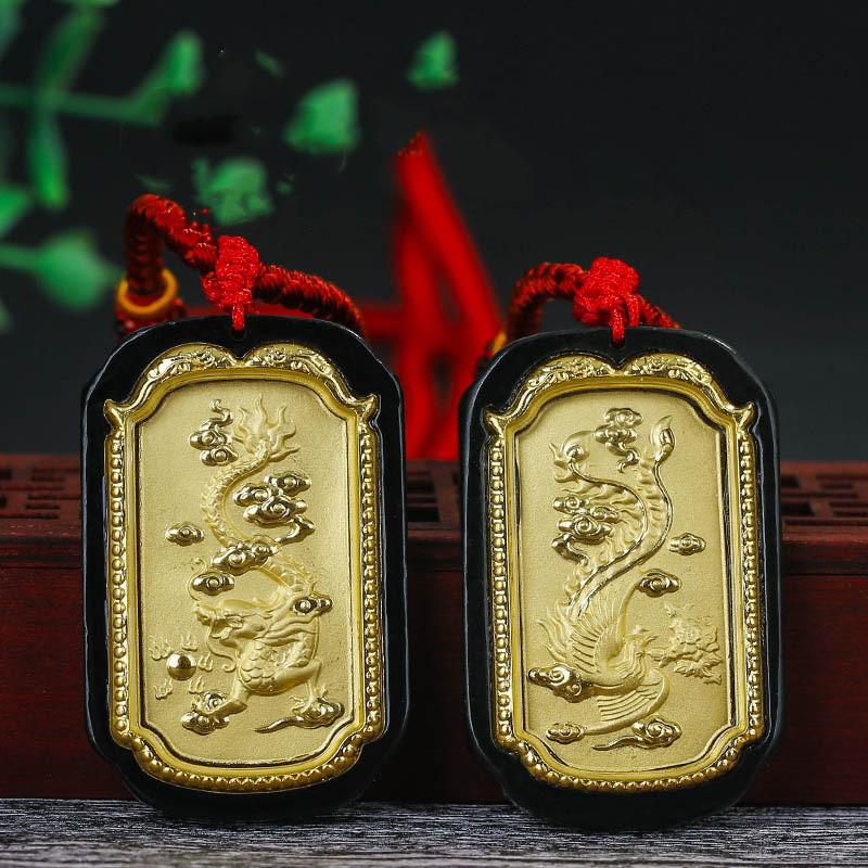 Auspicious Natural Black Jade Dragon& Phoenix 24K Gold Pendant Necklace