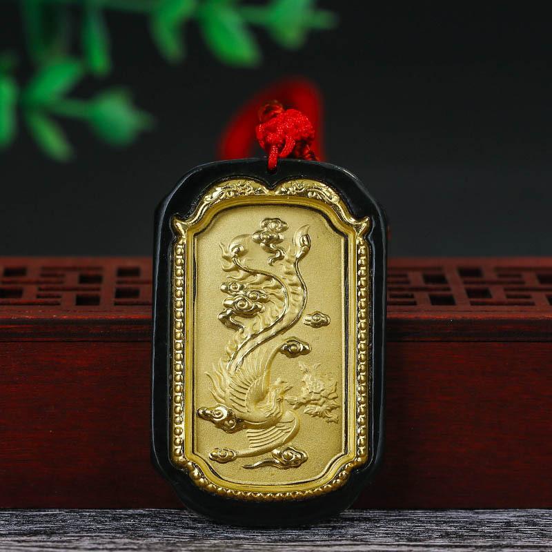 Auspicious Natural Black Jade Dragon& Phoenix 24K Gold Pendant Necklace