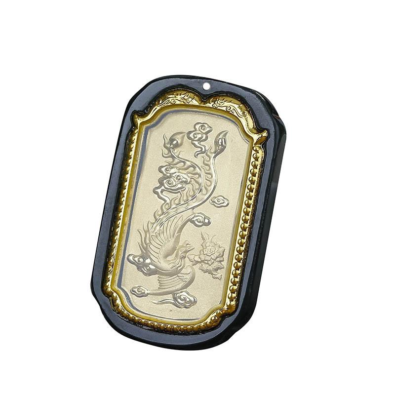 Auspicious Natural Black Jade Dragon& Phoenix 24K Gold Pendant Necklace