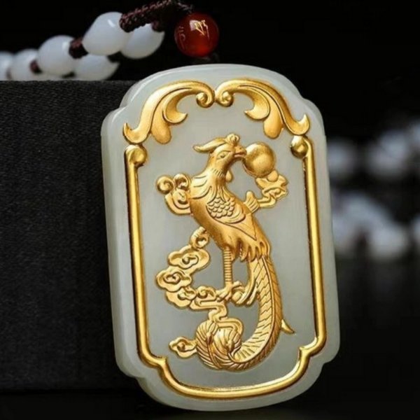 Auspicious Natural White Jade Dragon& Phoenix 24K Gold Pendant Necklace