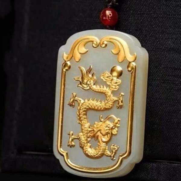 Auspicious Natural White Jade Dragon& Phoenix 24K Gold Pendant Necklace