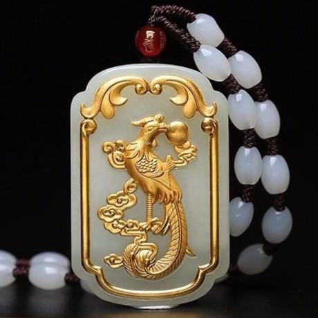 Auspicious Natural White Jade Dragon& Phoenix 24K Gold Pendant Necklace