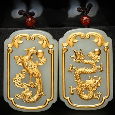 Auspicious Natural White Jade Dragon& Phoenix 24K Gold Pendant Necklace