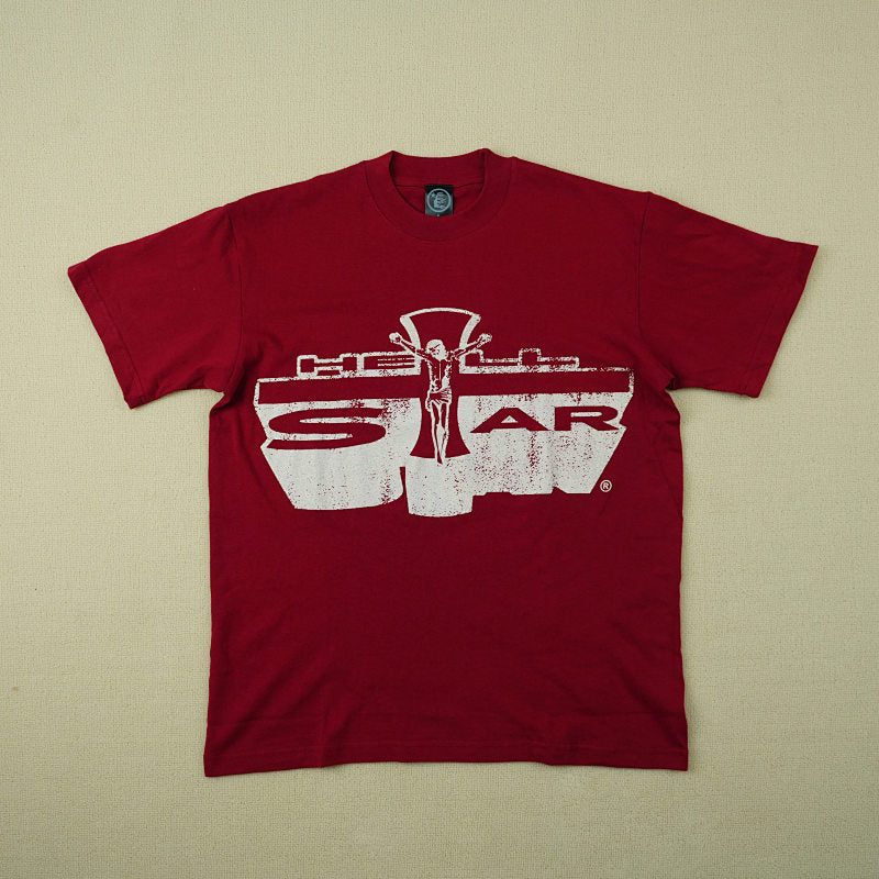 Hellstar Studios Jesus Emblem Short Sleeve Tee Shirt Blood Red