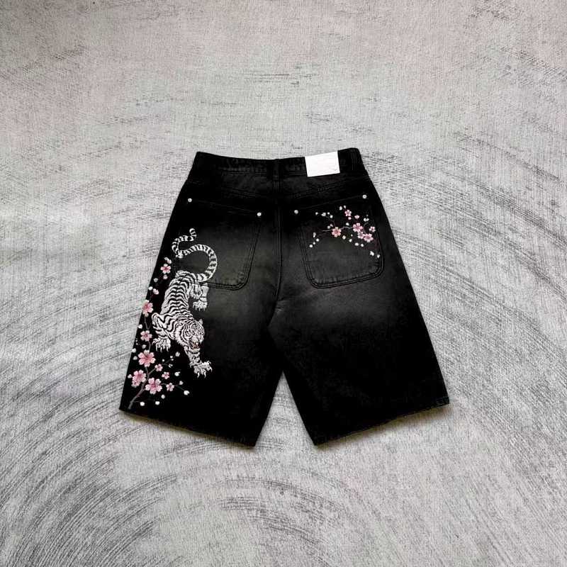 Black Washed Denim Shorts - Tiger/Sakura Embroidery