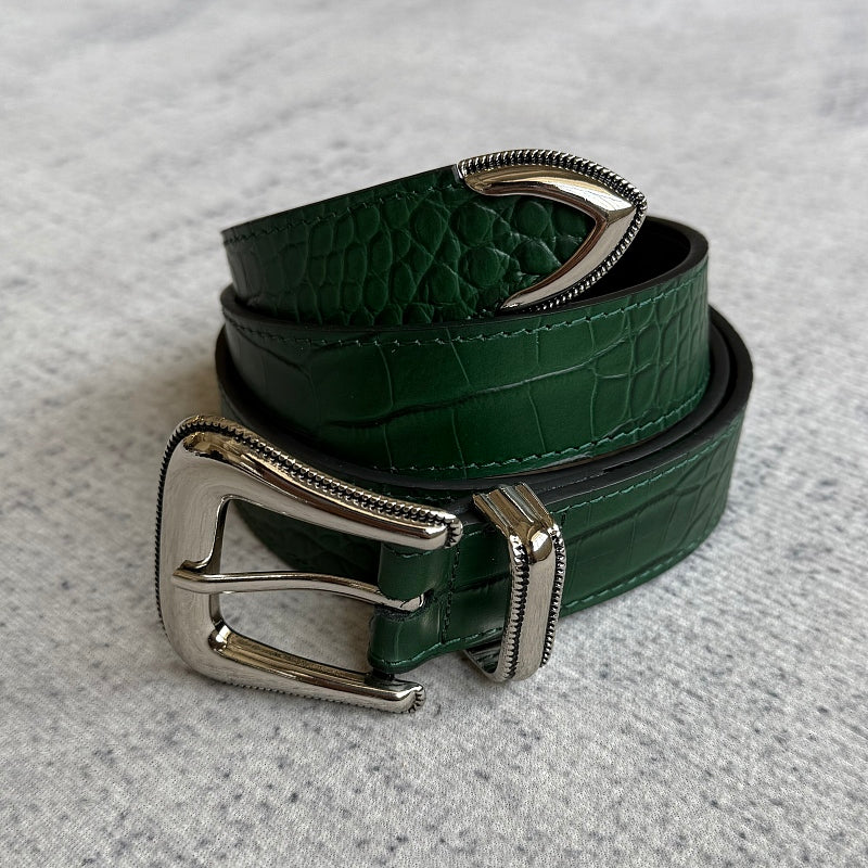 Crocodile-Embossed Belt - Green