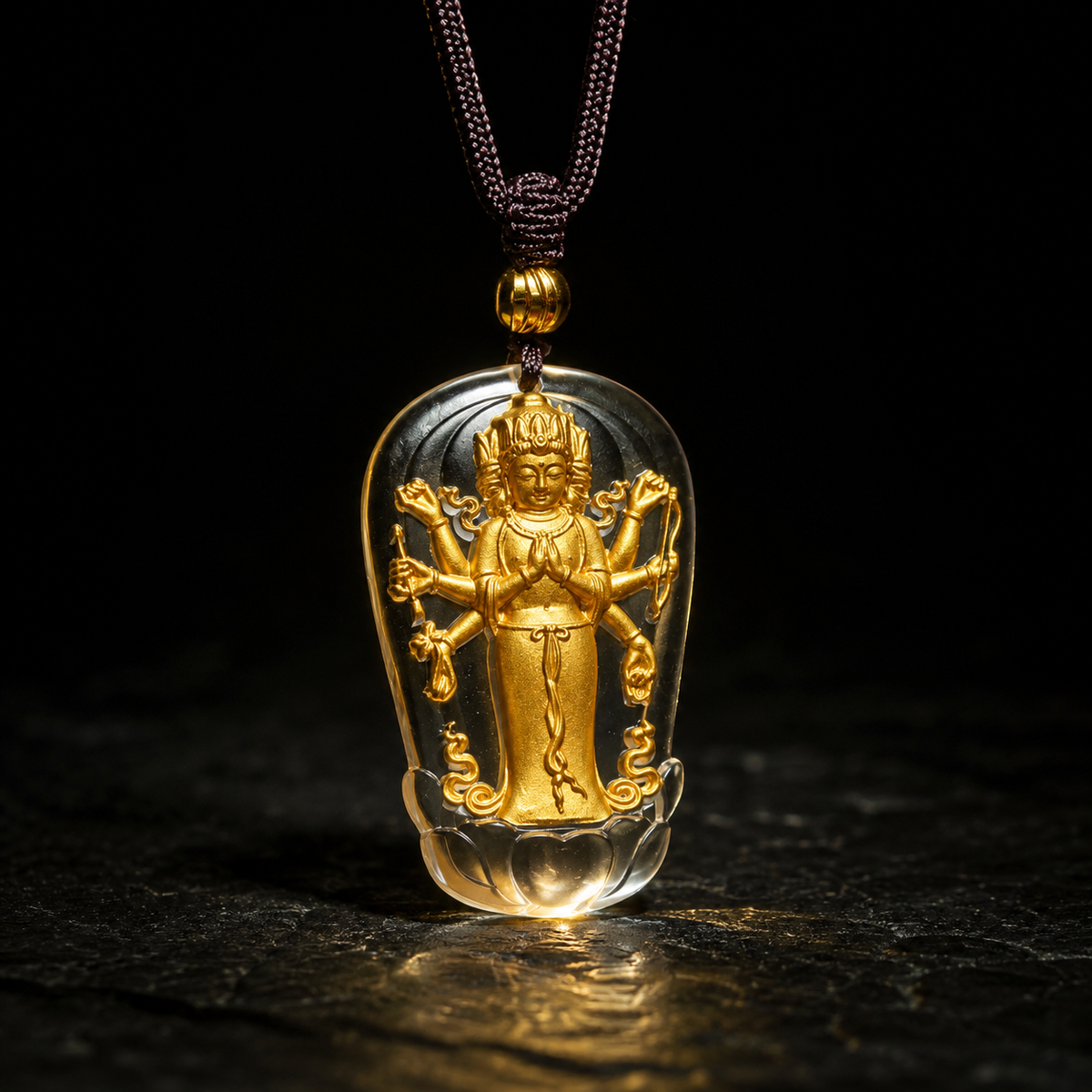 Eight-Armed Avalokiteshvara Gilded Liuli Pendant-Compassion. Protection & Spiritual Blessings