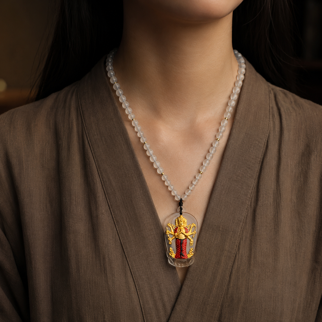 Eight-Armed Avalokiteshvara Gilded Liuli Pendant-Compassion. Protection & Spiritual Blessings