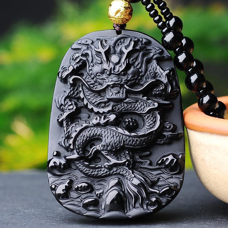 Black Obsidian Dragon Wealth Pendant Bead Necklace