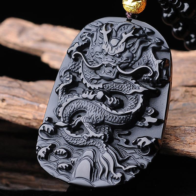 Black Obsidian Dragon Wealth Pendant Bead Necklace