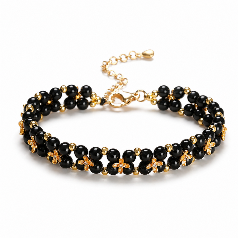 Quiet Fortune-Four-Leaf Clover Black Obsidian Bracelet