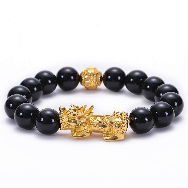 Black Obsidian Mantra Gold Bead Pixiu Wealth Bracelet