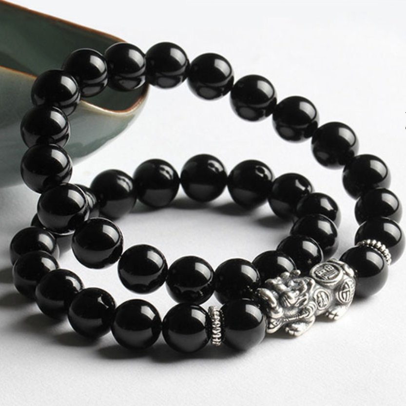 Black Obsidian Silver Pixiu Healing Bracelet