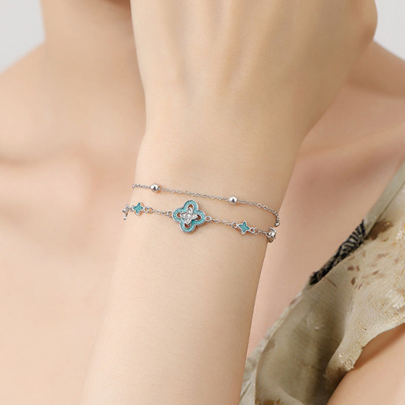 Blue Enamel Clover Silver Bracelet-Graceful Connection