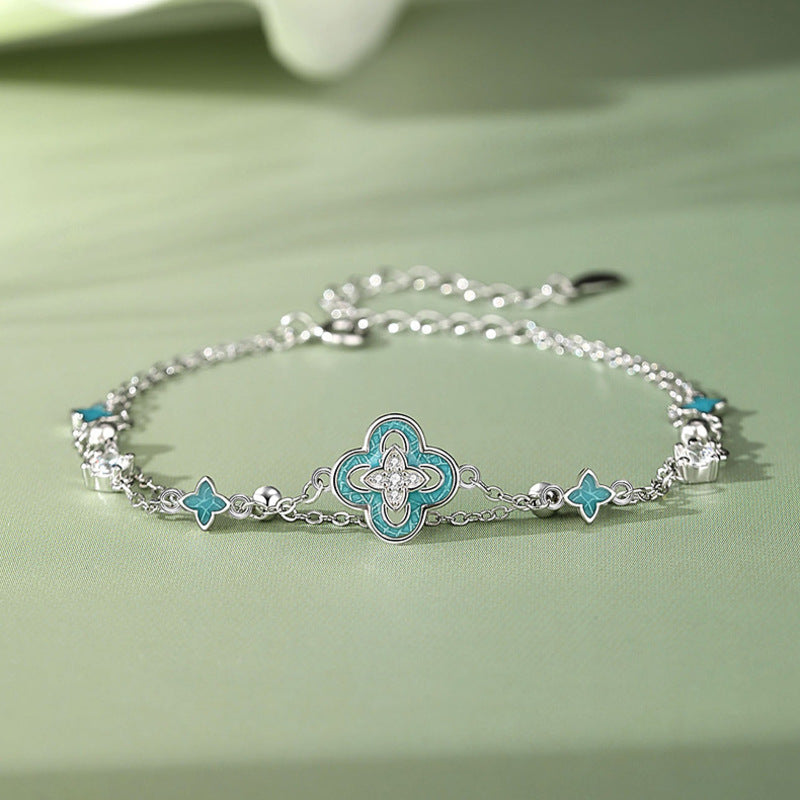 Blue Enamel Clover Silver Bracelet-Graceful Connection