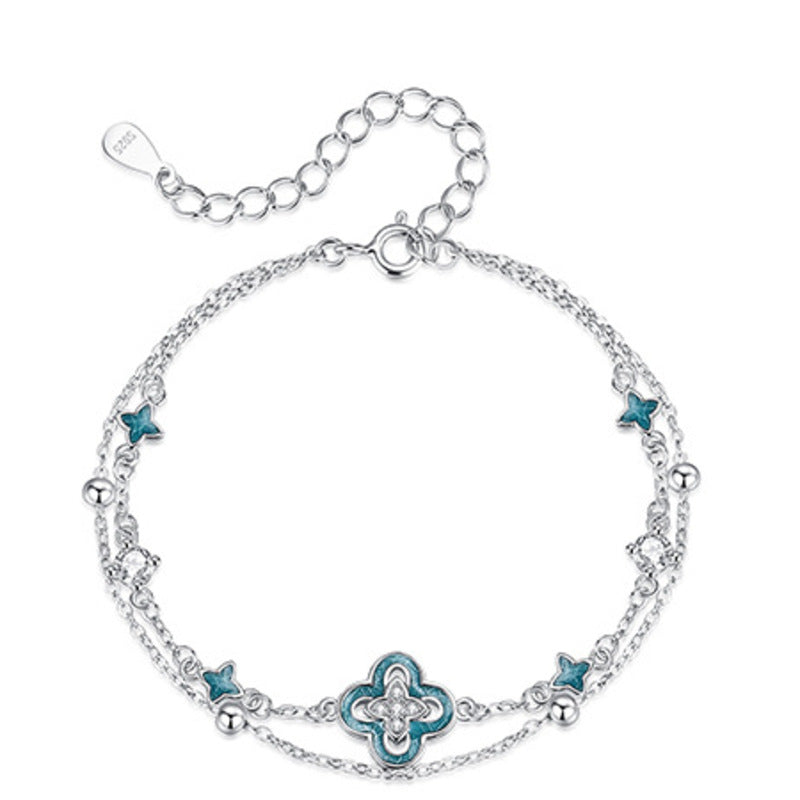 Blue Enamel Clover Silver Bracelet-Graceful Connection