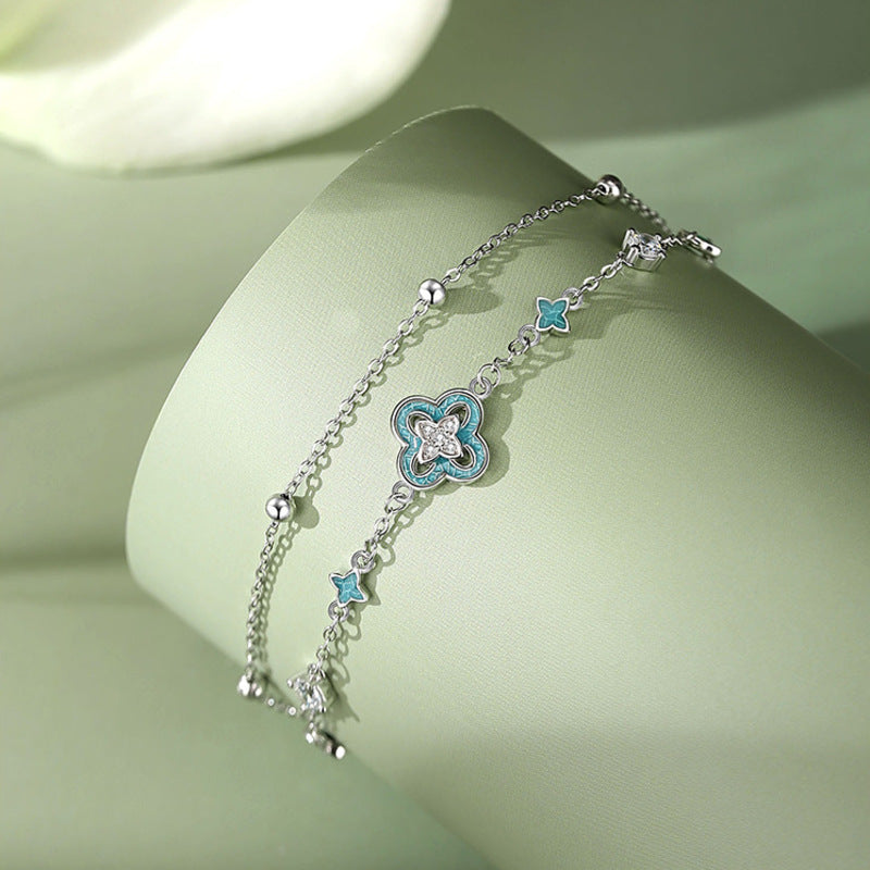 Blue Enamel Clover Silver Bracelet-Graceful Connection
