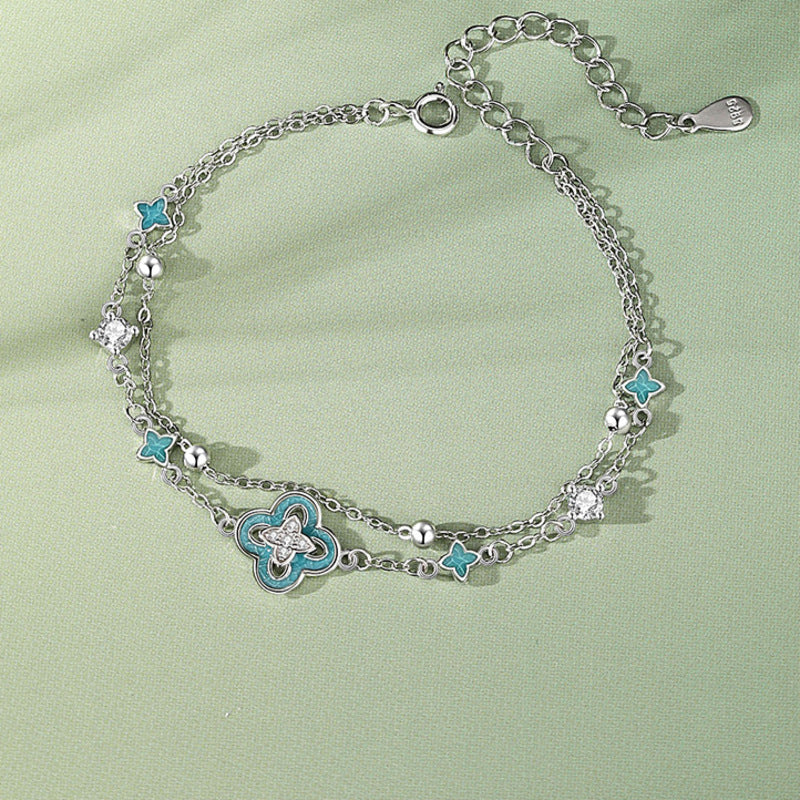 Blue Enamel Clover Silver Bracelet-Graceful Connection