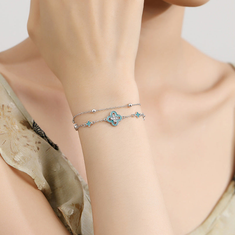 Blue Enamel Clover Silver Bracelet-Graceful Connection