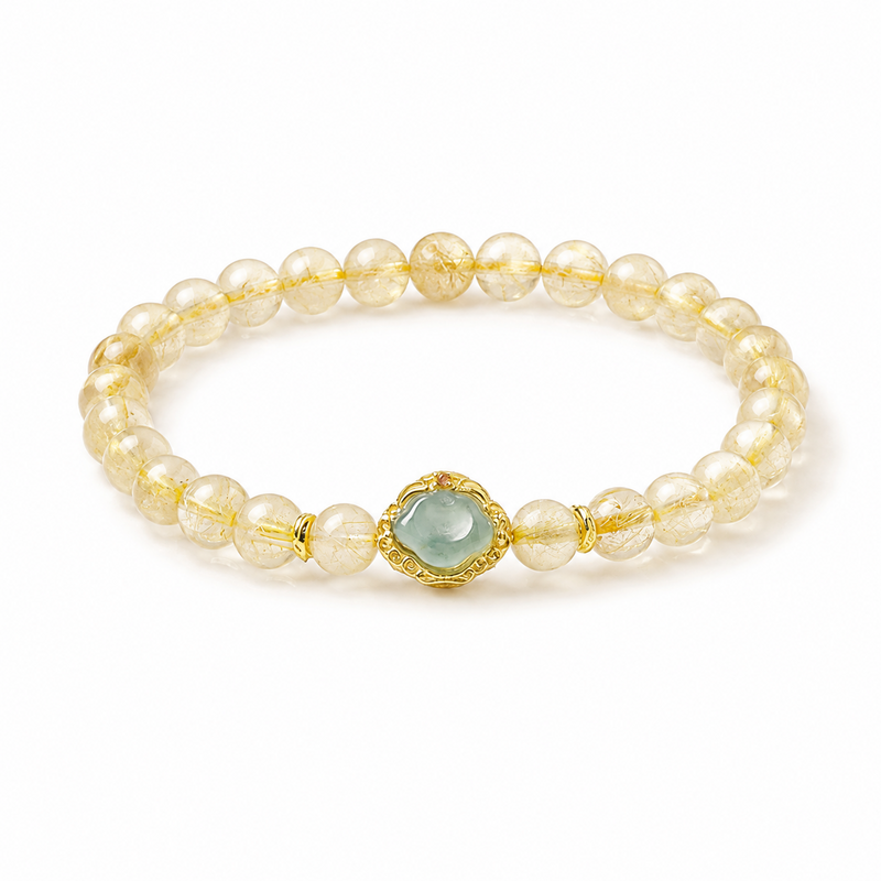 Blue-Water Jadeite Auspicious Cloud Golden Rutilated Quartz Bracelet-Steady Clarity