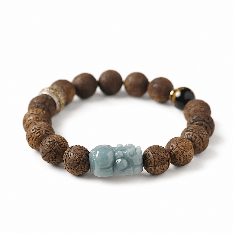 Blue Water Jadeite Pixiu Sandalwood Bracelet-Quiet Resolve