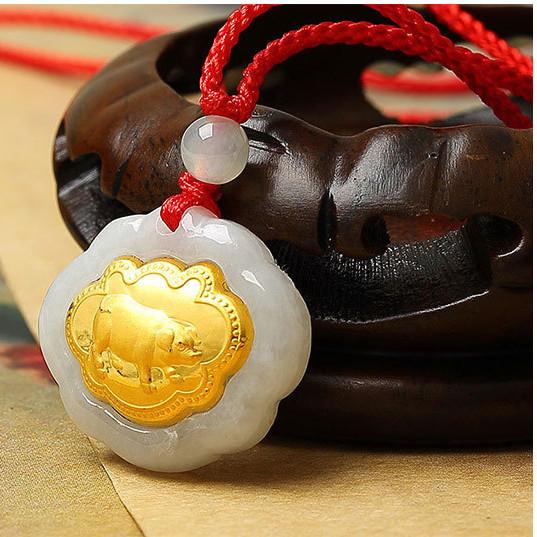 BOAR Gold 12 Chinese Zodiac Lucky Amulet White Jade Pendant Necklace