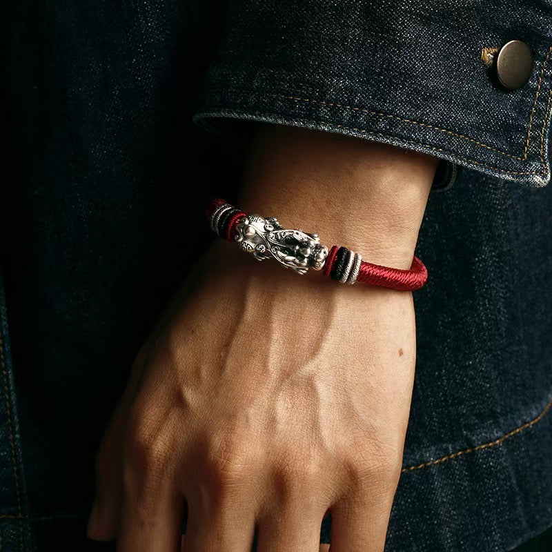 999 Silver Pixiu Handmade Rope Bracelet-Attract Luck
