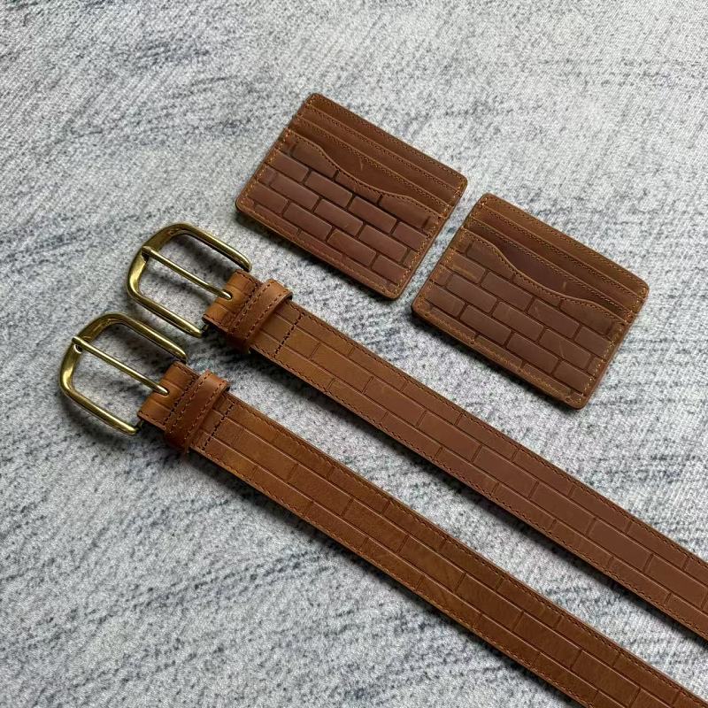 Brick-Embossed Leather Belt - Tan/Cognac