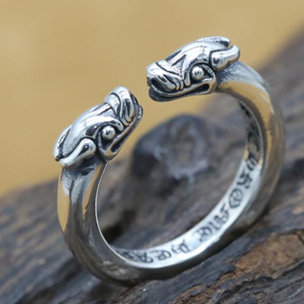 Double Pixiu Mantra Lucky Silver Ring