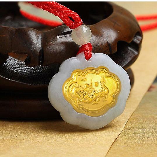 Dragon 24k Gold 12 Chinese Zodiac Lucky Amulet White Jade Pendant Necklace