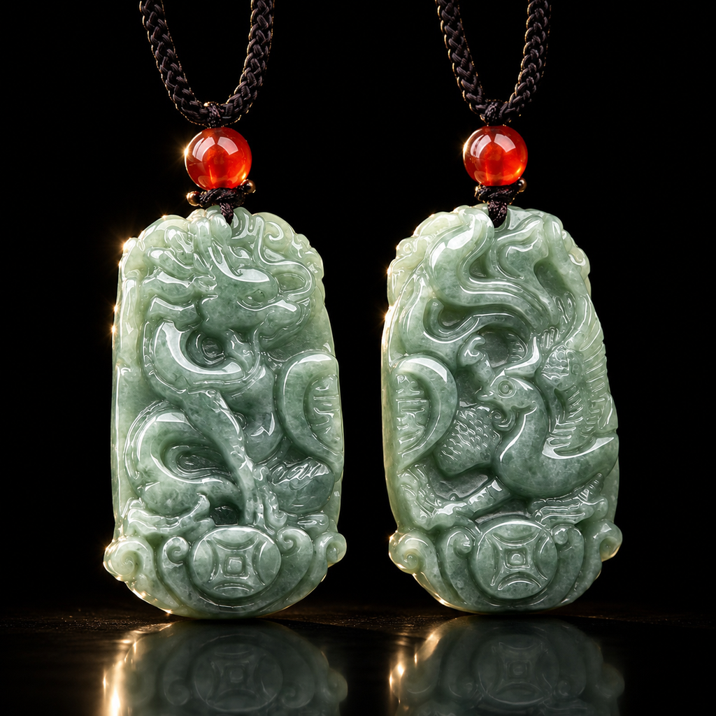 Dragon & Phoenix Couple Jade Pendant Set-Love. Harmony & Lasting Blessings