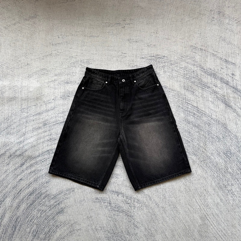 Black Washed Denim Shorts - Tiger/Sakura Embroidery
