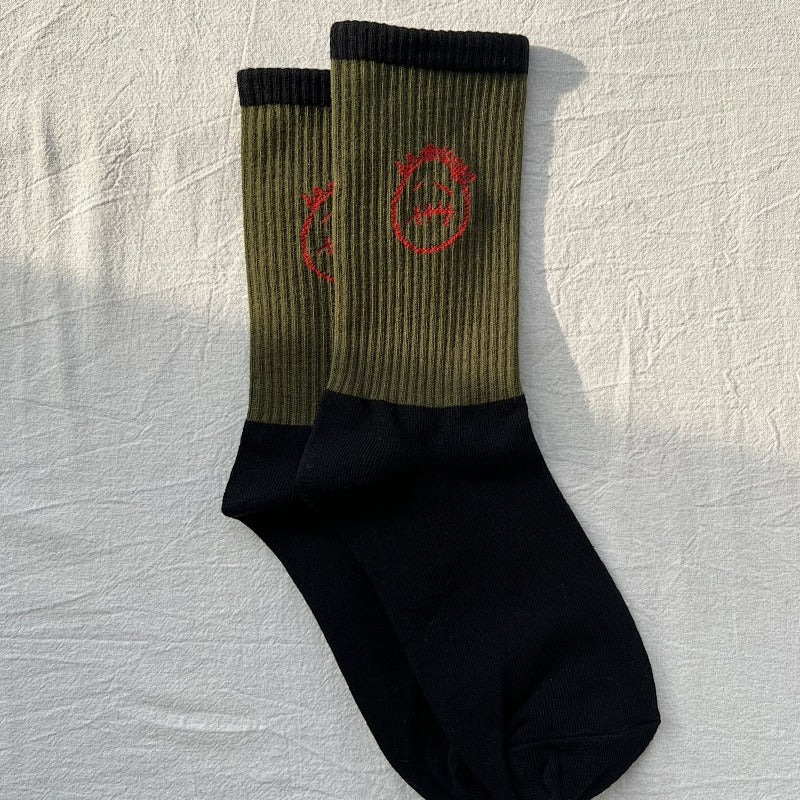 Color Block Crew Socks with Embroidered Face
