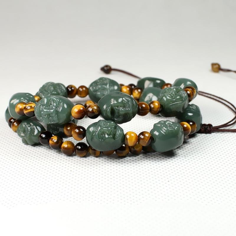 Eighteen Arhats Green Jade Carving Beads Tailsman Necklace