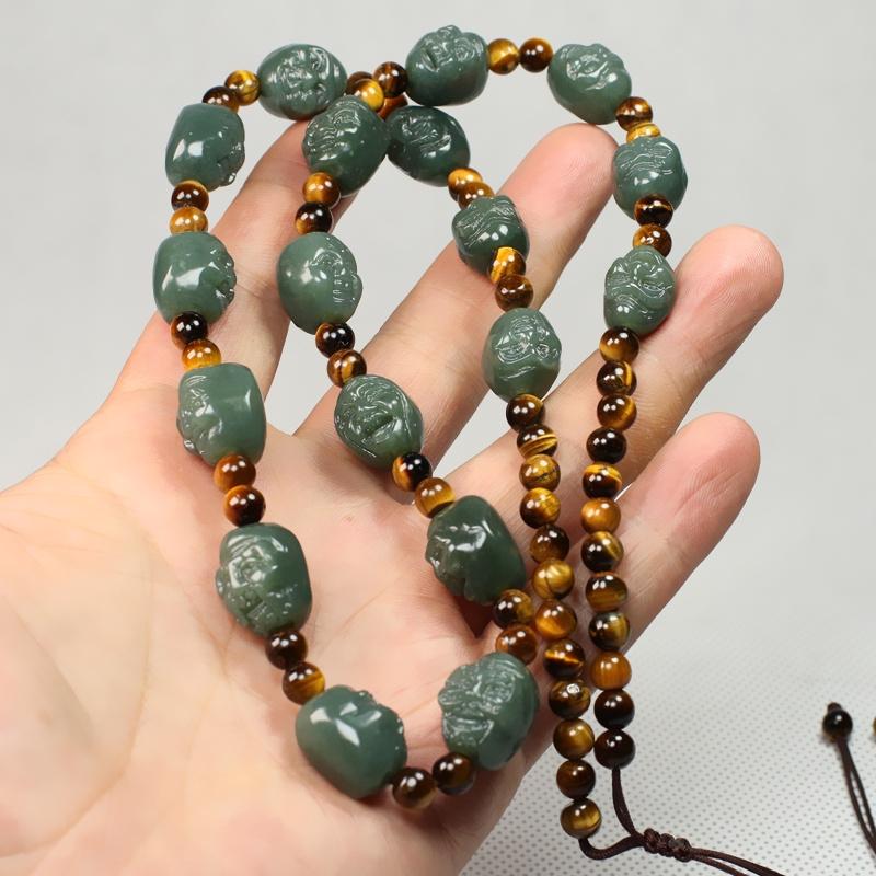 Eighteen Arhats Green Jade Carving Beads Tailsman Necklace