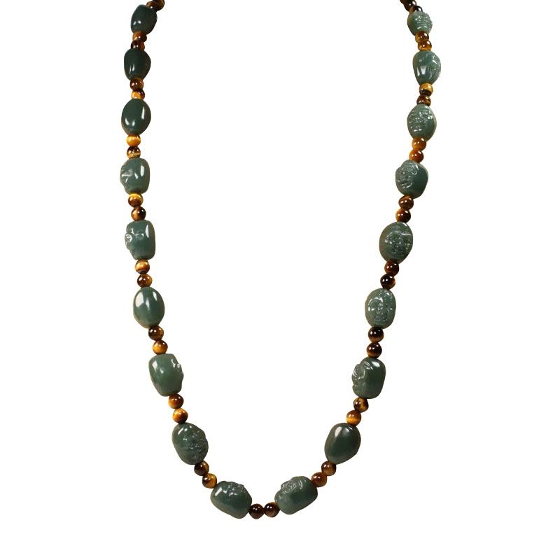 Eighteen Arhats Green Jade Carving Beads Tailsman Necklace