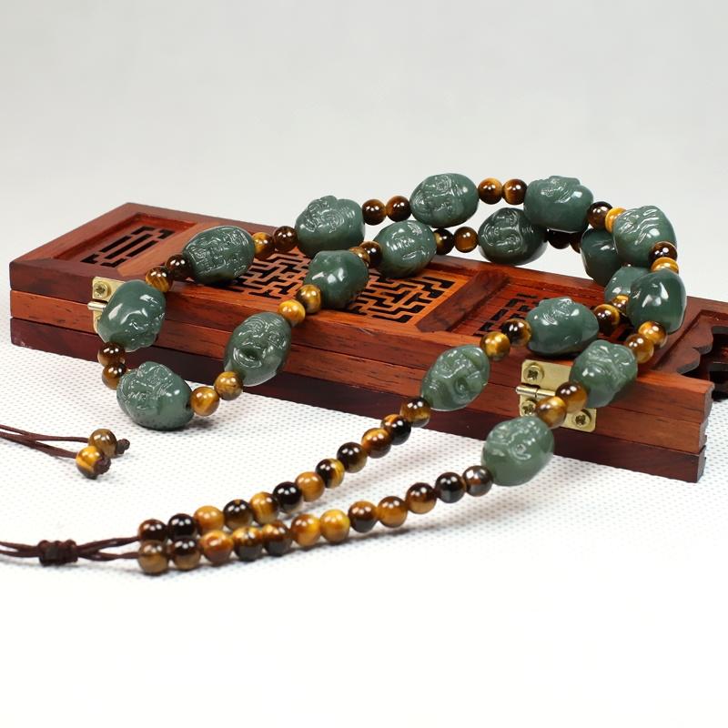 Eighteen Arhats Green Jade Carving Beads Tailsman Necklace