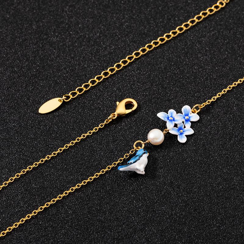 Enamel Magpie Pearl Lucky Pendant Necklace