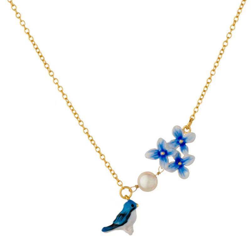 Enamel Magpie Pearl Lucky Pendant Necklace